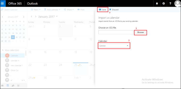 import outlook calendar to office 365 online