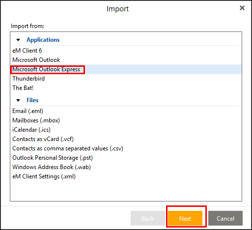 outlook express to em client