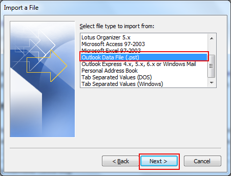 outlook data file option