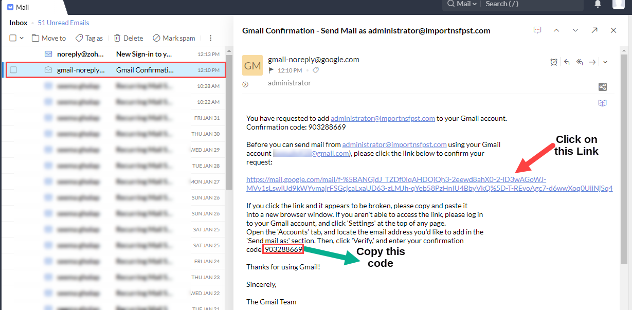 Zoho mail to gmail account addition verification 