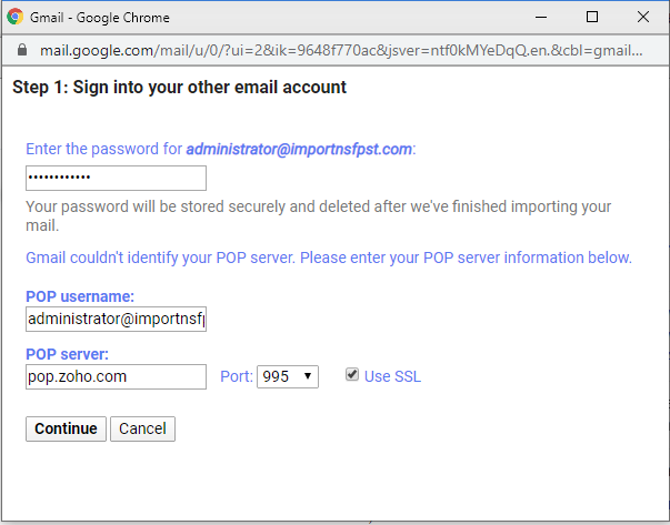 enter zoho mail server settings and account password