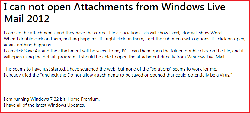 windows live mail 2012 not opening attachments