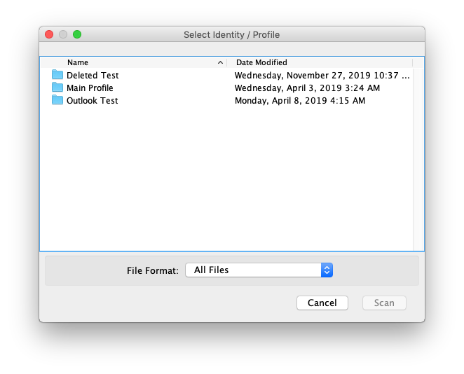 Selecting Mac Outlook profiles and identities