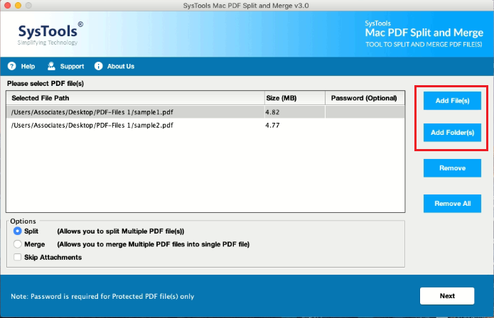 add PDF files and split them