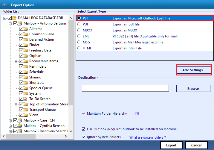 Selecting export type