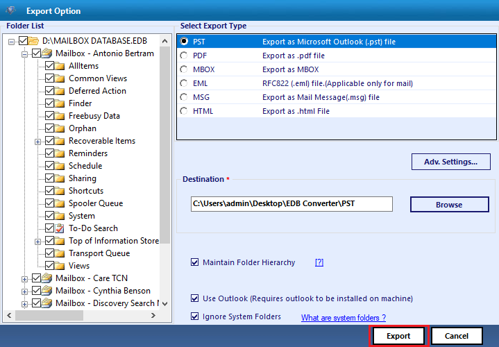 export mailbox to pst from offline edb step-5