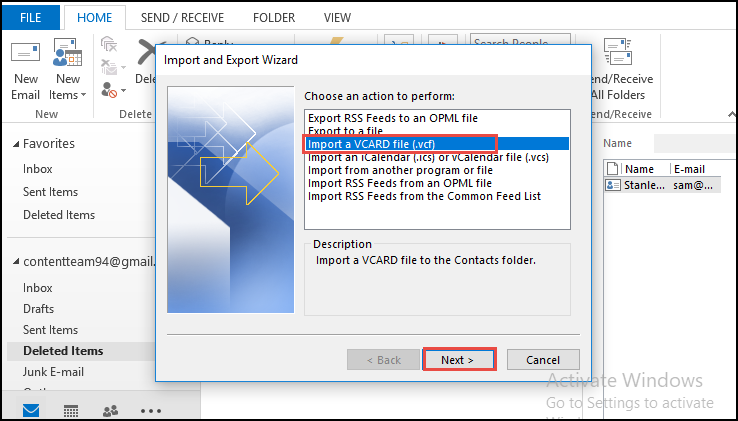 import a vCard option 
