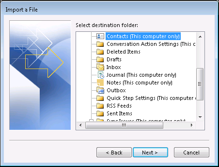 set contact folder to Export Outlook Contacts to vCard