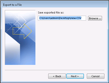 browse folder location to Export Outlook Contacts to vCard