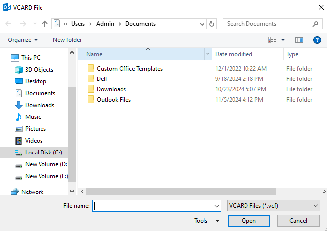 Browse to the location to save data