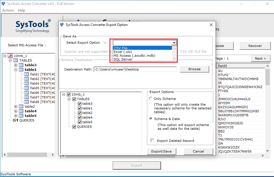 click export and choose sql server