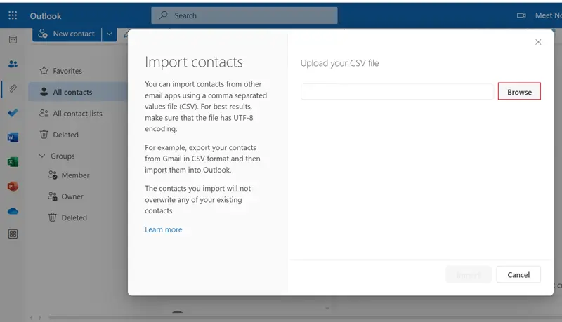 transfer contacts from Outlook to Hotmail Account