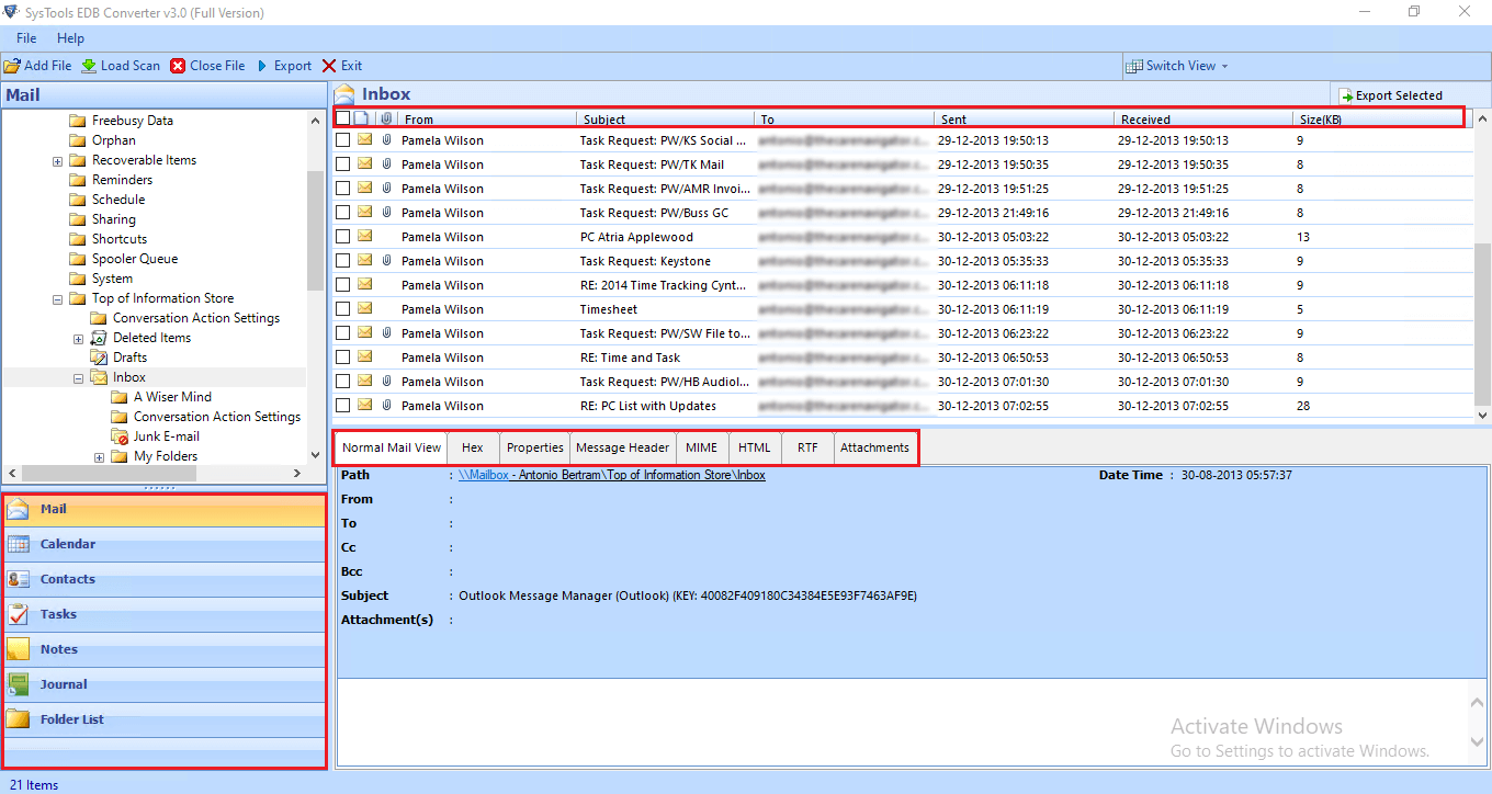 export selected Exchnage EDB files