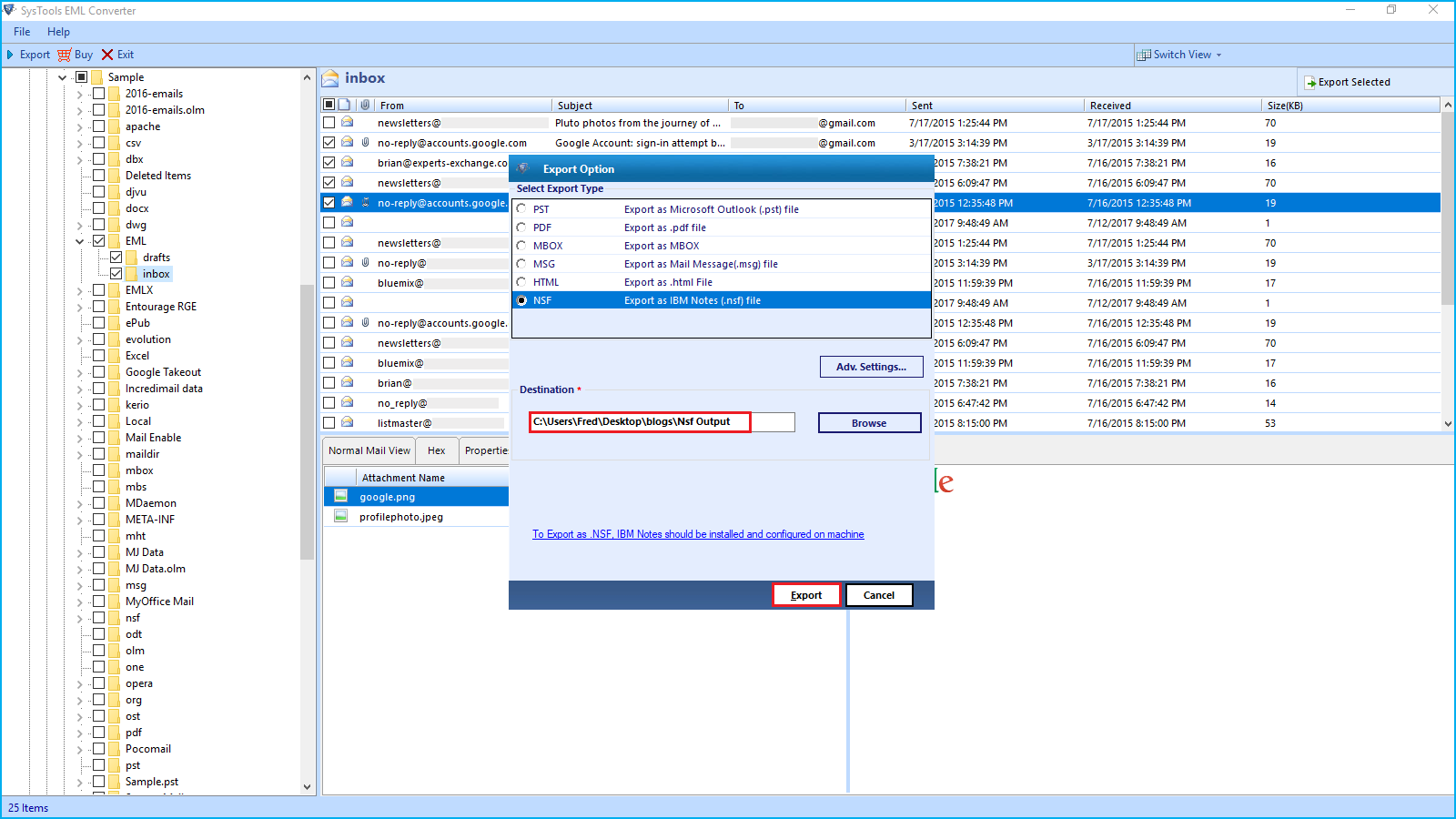 convert eml to NSF