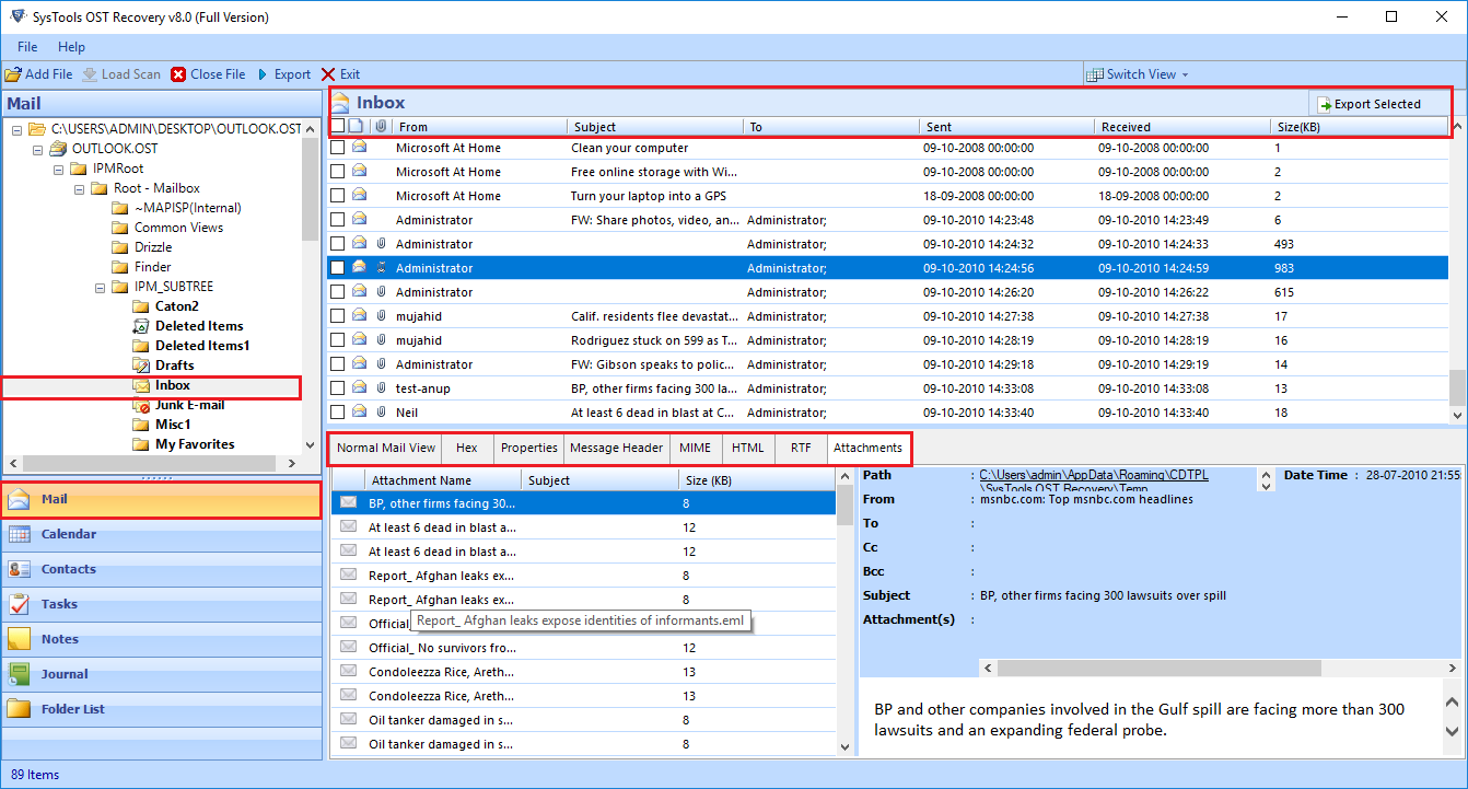 recover letters from ost