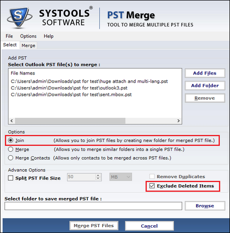 Select Options To Join PST Files