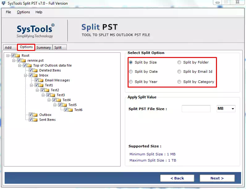 split oversized pst file free